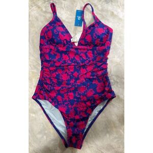 Cupshe Medium One‎ Piece Swimsuit Blue Pink Floral Print Ruched Swimwear M